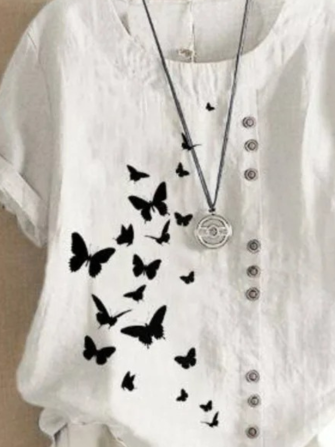 Blouses Femmes Simple Été Papillon Coupe Régulière Demi Manche Col Rond Régulier Droit Régulier