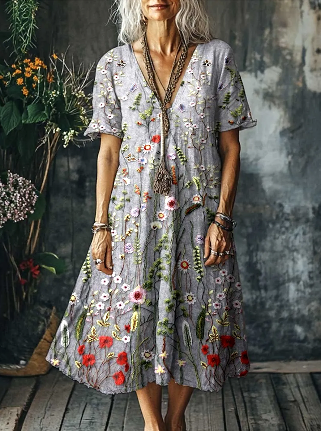 Femmes Floral Gris Clair Col V Confortable Robe Maxi Décontracté
