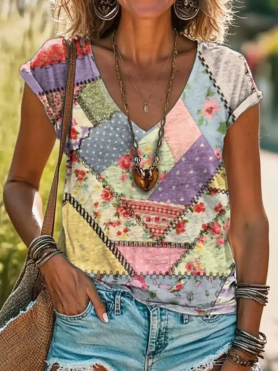 T-shirts Géométrique Décontracté Été Col V Micro-élasticité Quotidien Régulier Trapèze Régulier pour Femmes