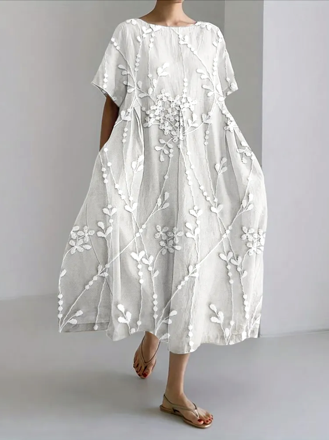 Femmes Floral Blanc Col Rond Confortable Robe Maxi Décontracté