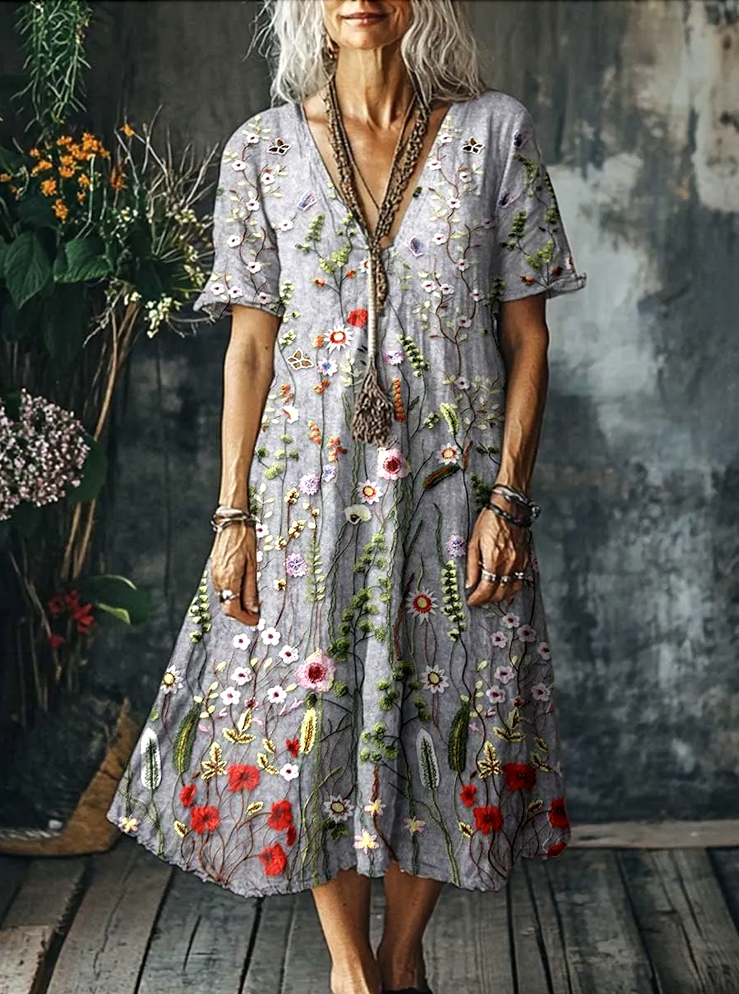Femmes Floral Gris Clair Col V Confortable Robe Maxi Décontracté