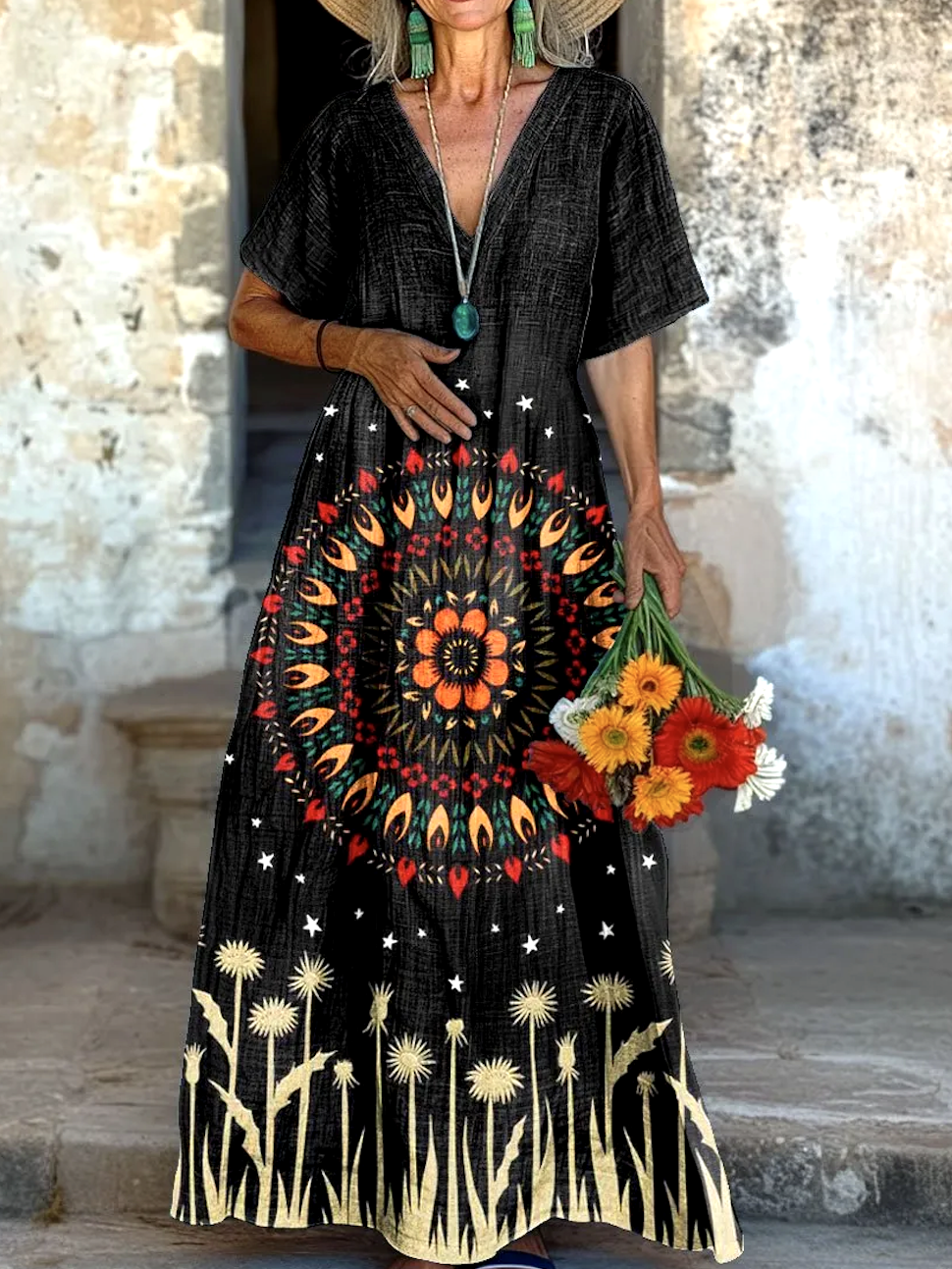Femmes Floral Noir Col V Confortable Robe Maxi Décontracté
