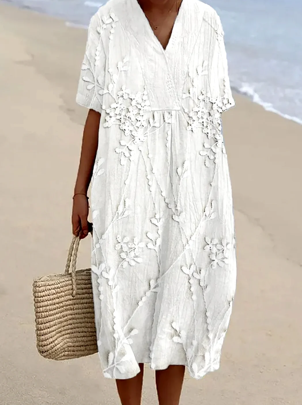 Femmes Floral Blanc Col V Confortable Robe Maxi Décontracté