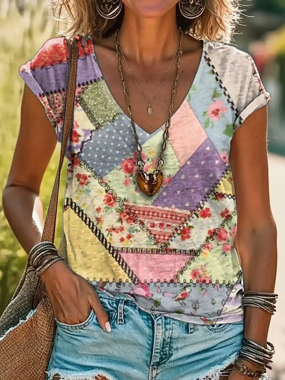 T-shirts Géométrique Décontracté Été Col V Micro-élasticité Quotidien Régulier Trapèze Régulier pour Femmes