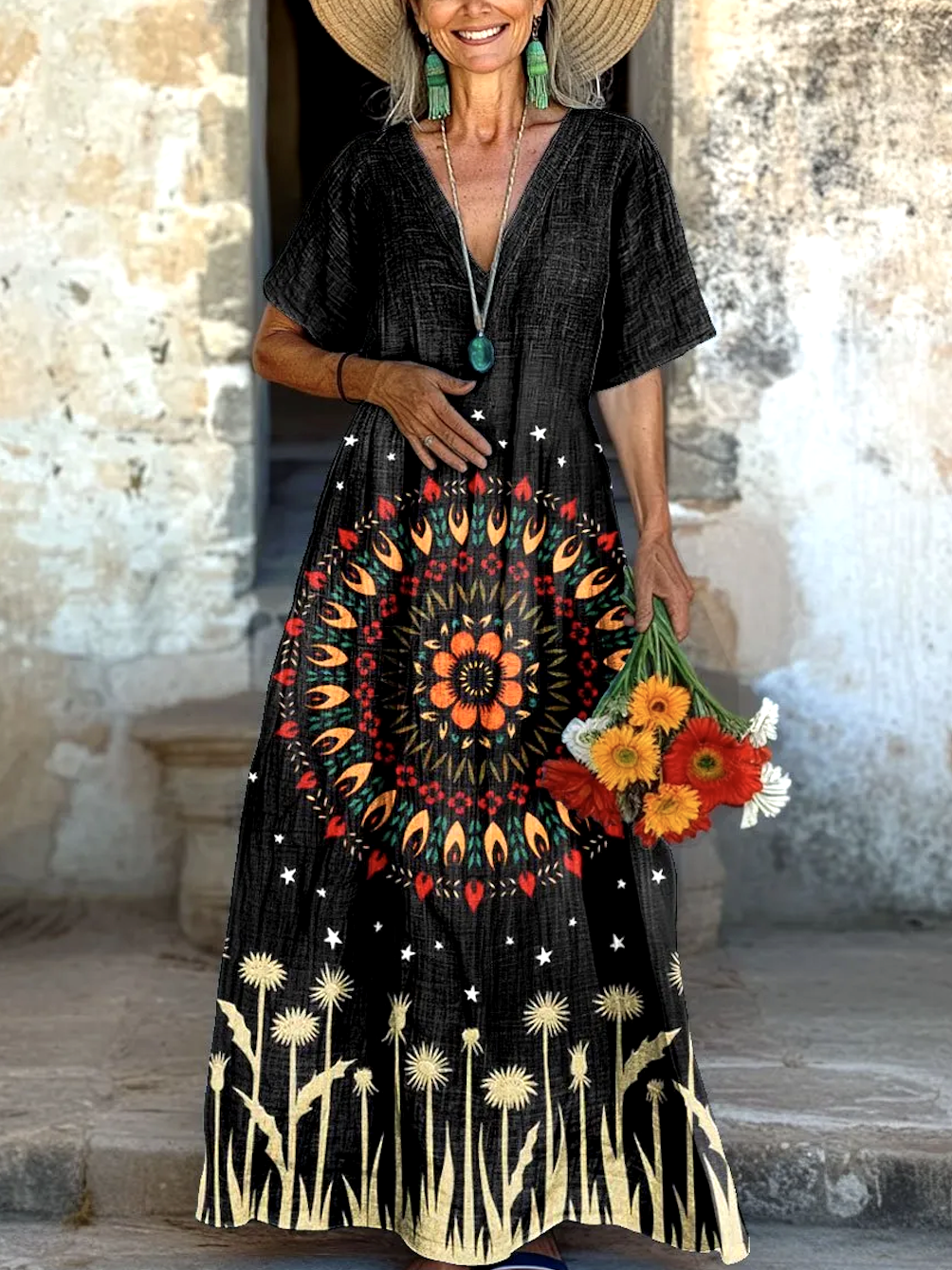 Femmes Floral Noir Col V Confortable Robe Maxi Décontracté
