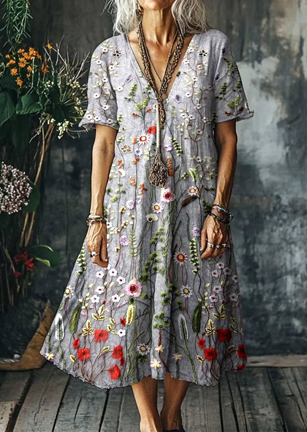 Femmes Floral Gris Clair Col V Confortable Robe Maxi Décontracté