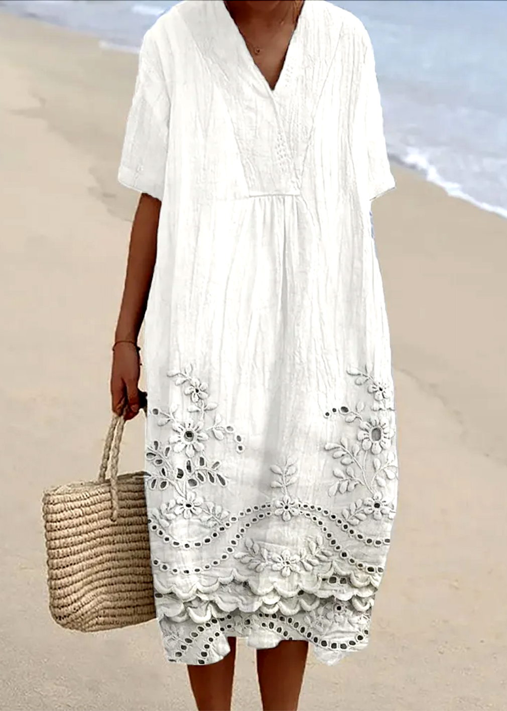 Femmes Floral Blanc Col V Confortable Robe Maxi Décontracté