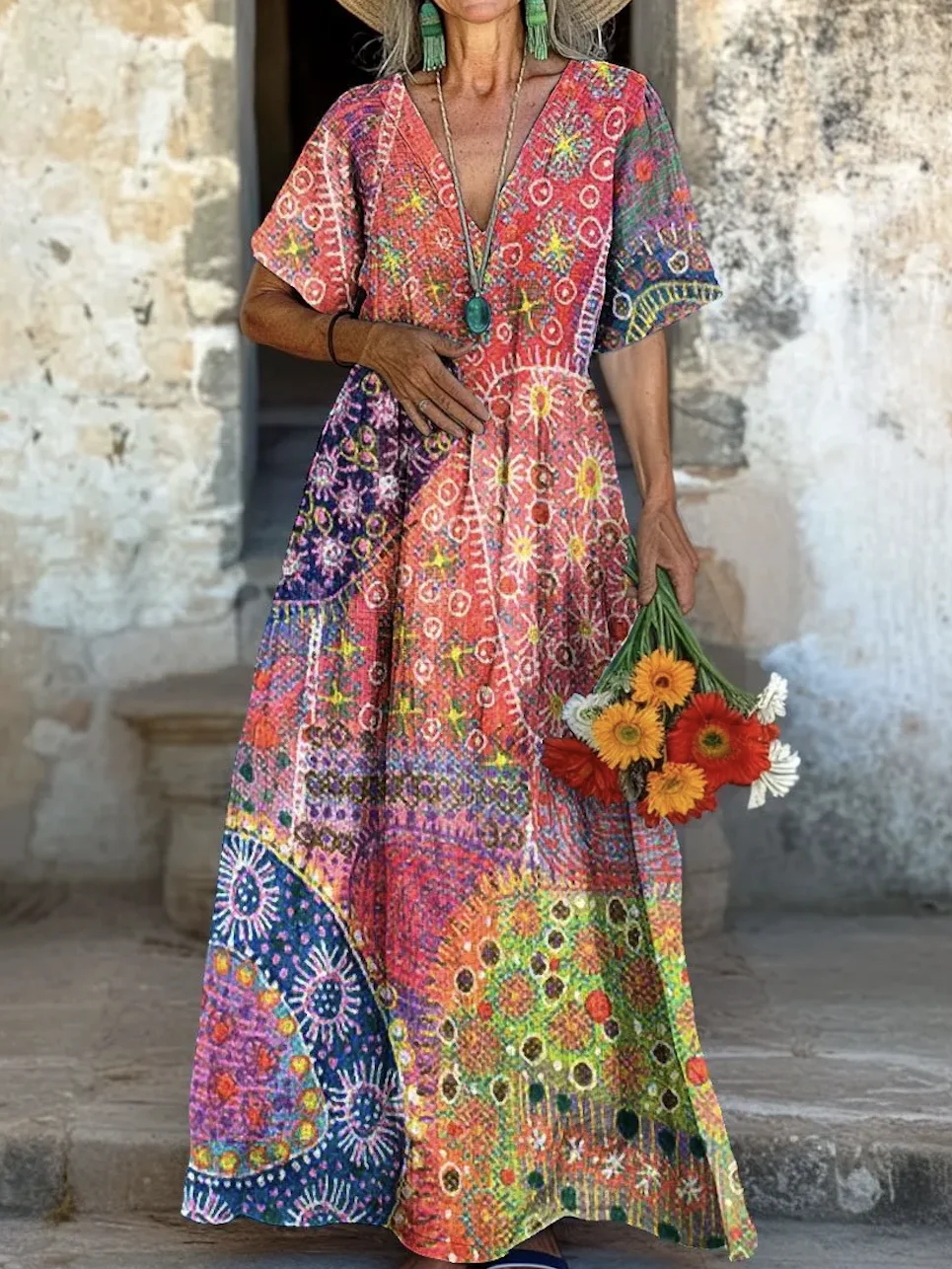 Femmes Géométrique Rouge Col V Confortable Robe Maxi Décontracté