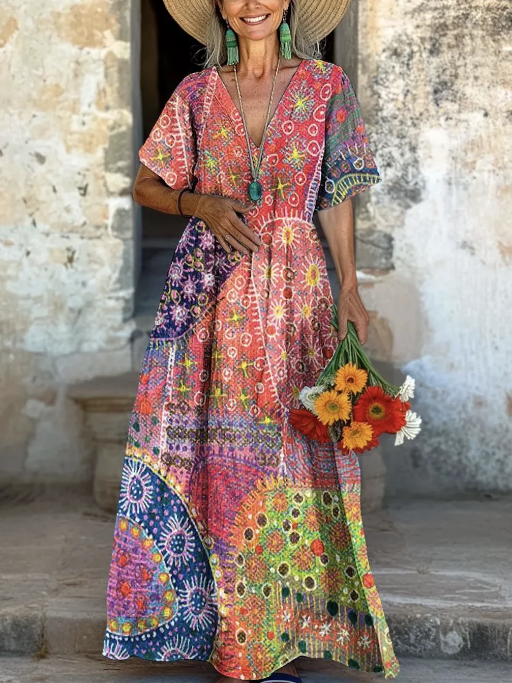Femmes Géométrique Rouge Col V Confortable Robe Maxi Décontracté