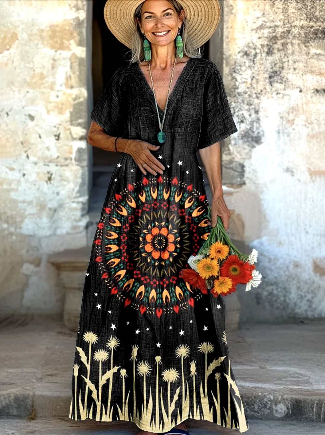 Femmes Floral Noir Col V Confortable Robe Maxi Décontracté