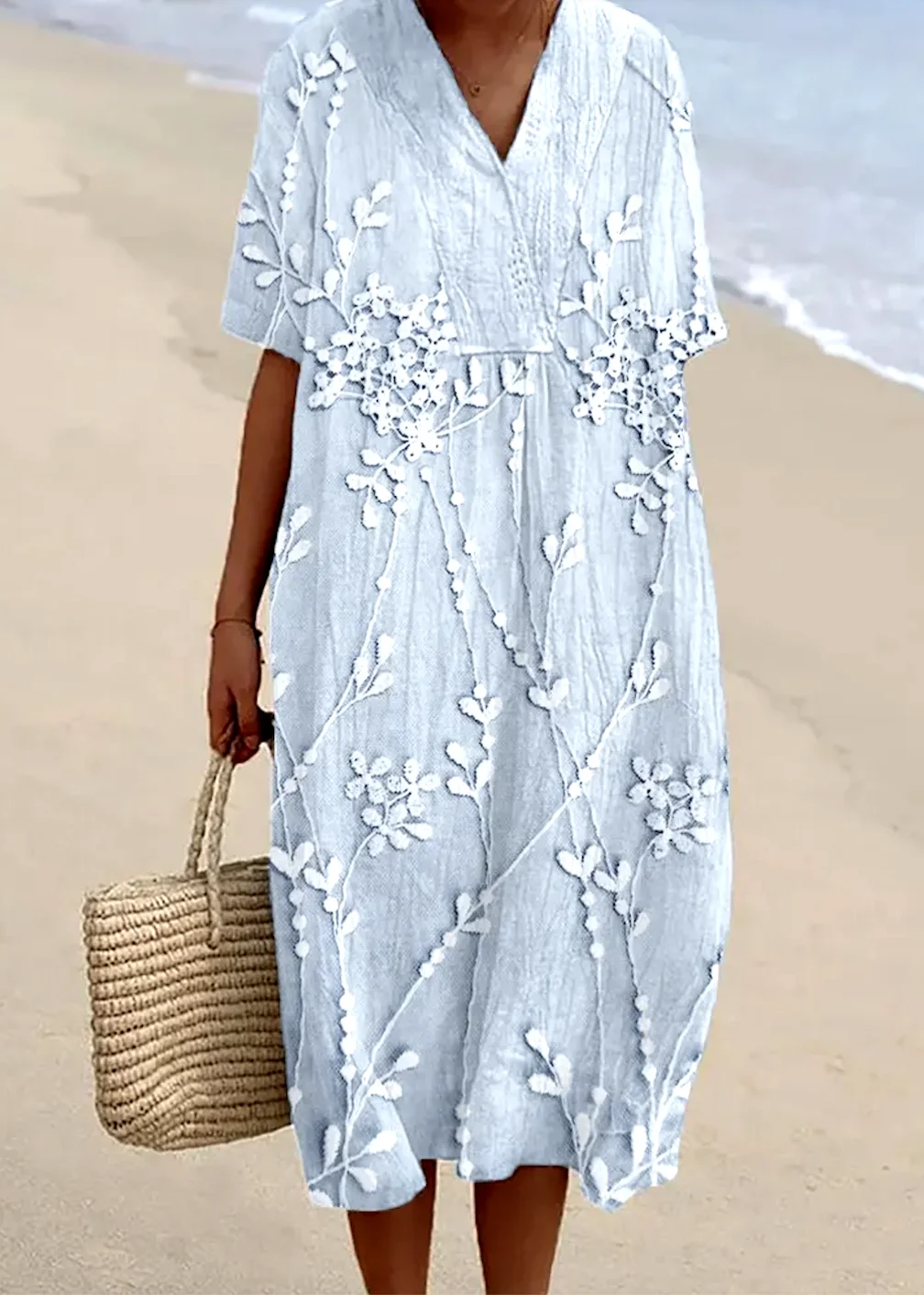 Femmes Floral Blanc Col V Confortable Robe Maxi Décontracté