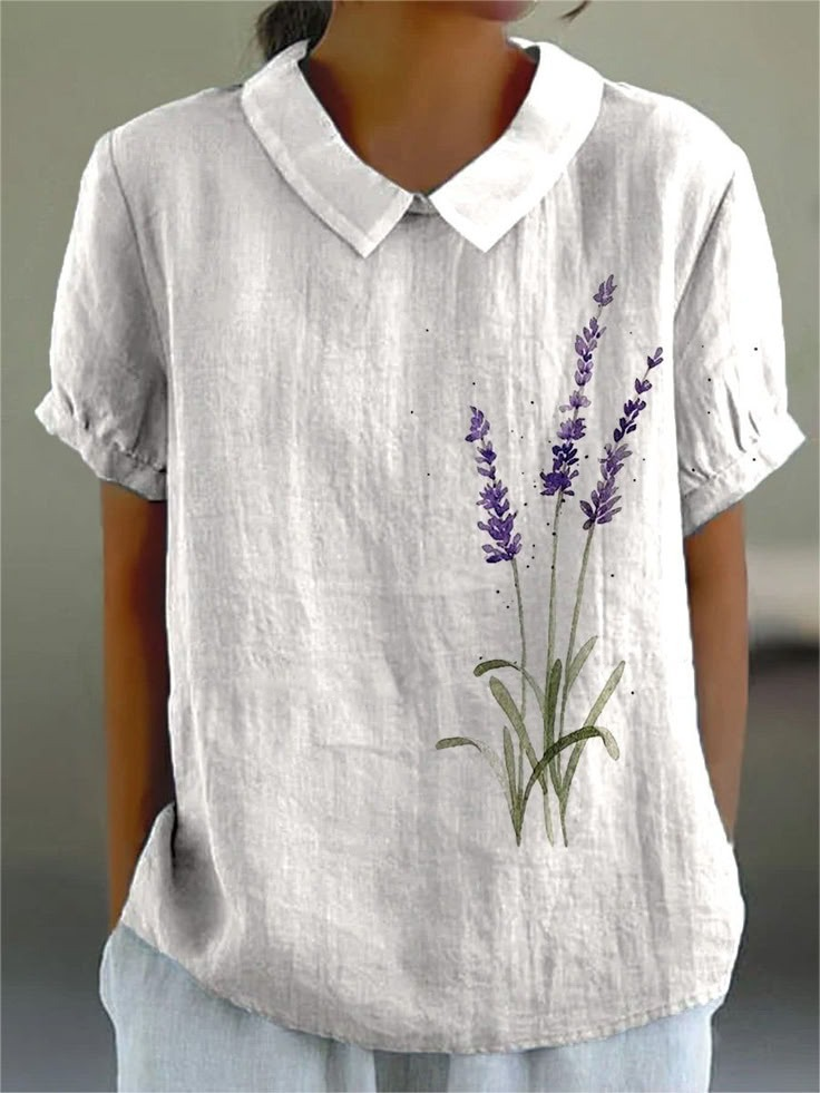 Blouses Simple Floral Été Coton Aucune élasticité Quotidien Demi Manche Régulier Droit pour Femmes