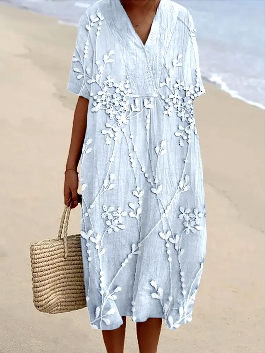 Femmes Floral Blanc Col V Confortable Robe Maxi Décontracté
