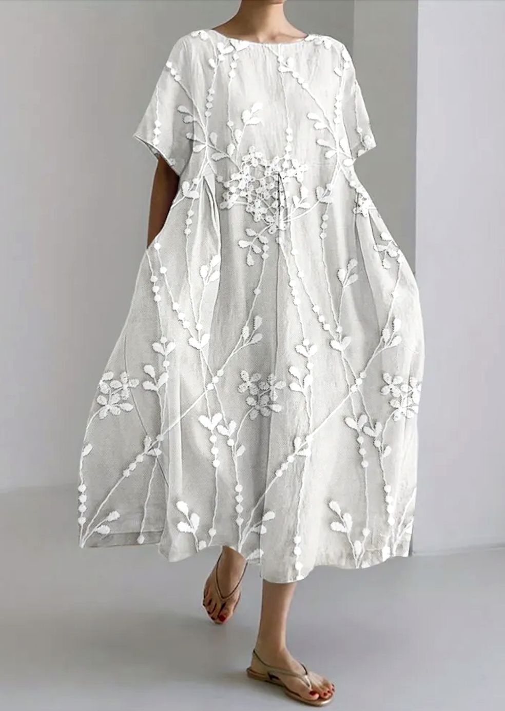 Femmes Floral Blanc Col Rond Confortable Robe Maxi Décontracté