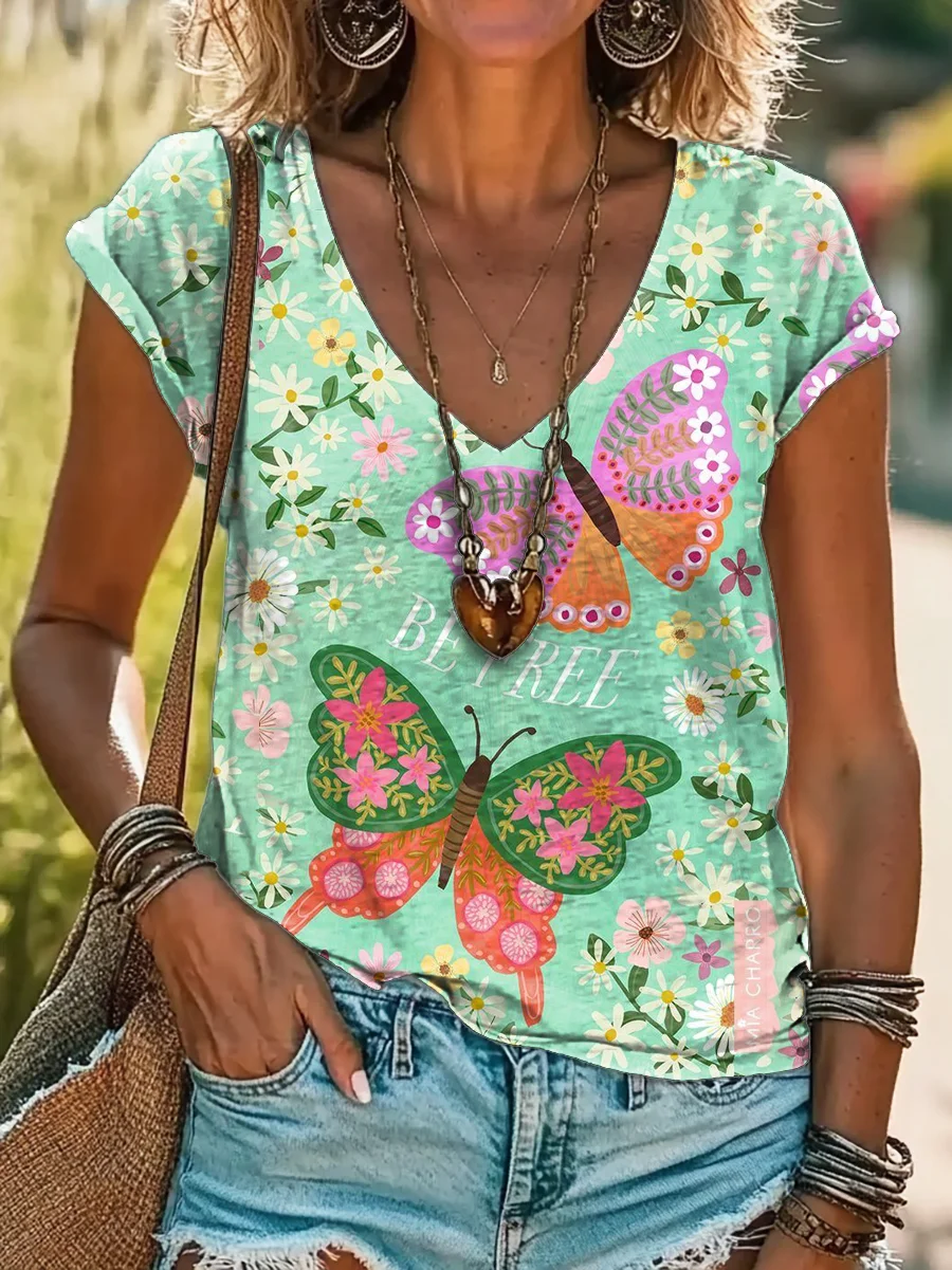 T-shirts Femmes Décontracté Été Papillon Micro-élasticité Quotidien Coupe Régulière Manches Courtes Trapèze Régulier