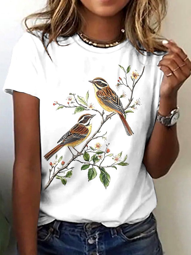 T-shirts Femmes Décontracté Floral Été Coton Micro-élasticité Coupe Régulière Manches Courtes Trapèze Régulier