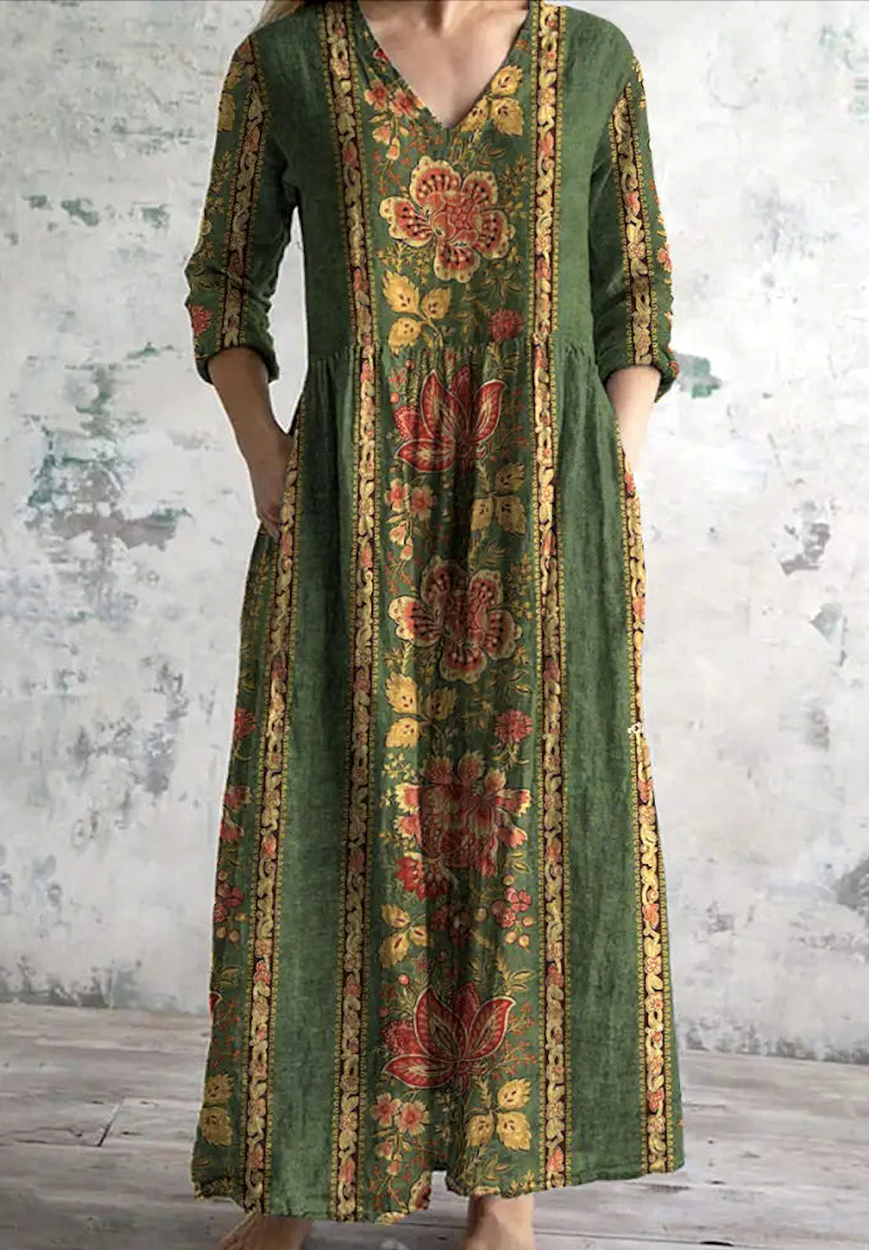 Femmes Floral Vert Col V Confortable Robe Maxi Décontracté