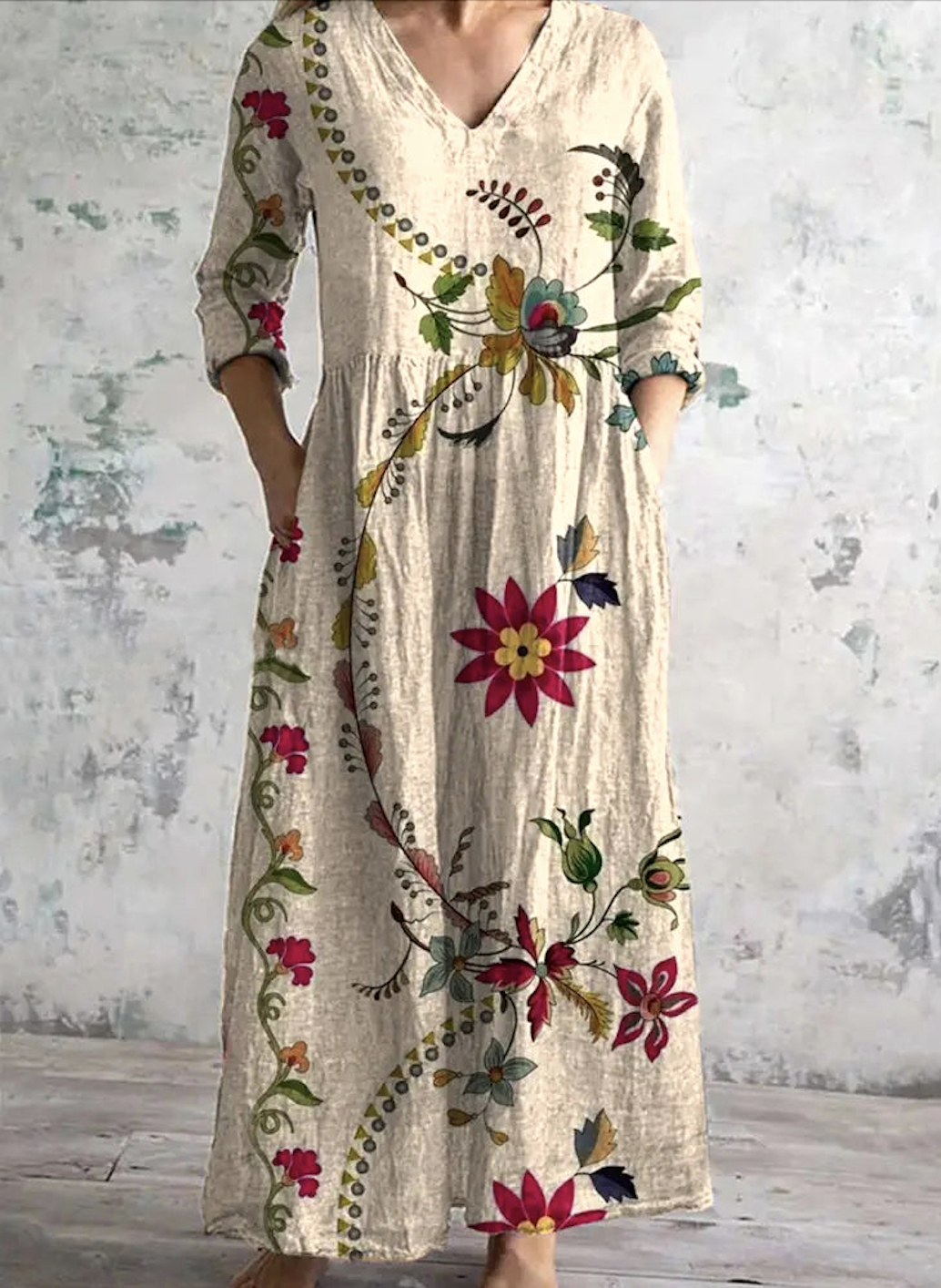 Femmes Floral Abricot Col V Confortable Robe Maxi Décontracté