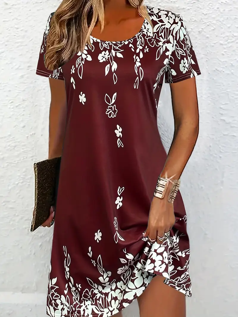 Femmes Floral Bleu Violacé Col Rond Confortable Imprimé Mini Robe Décontracté