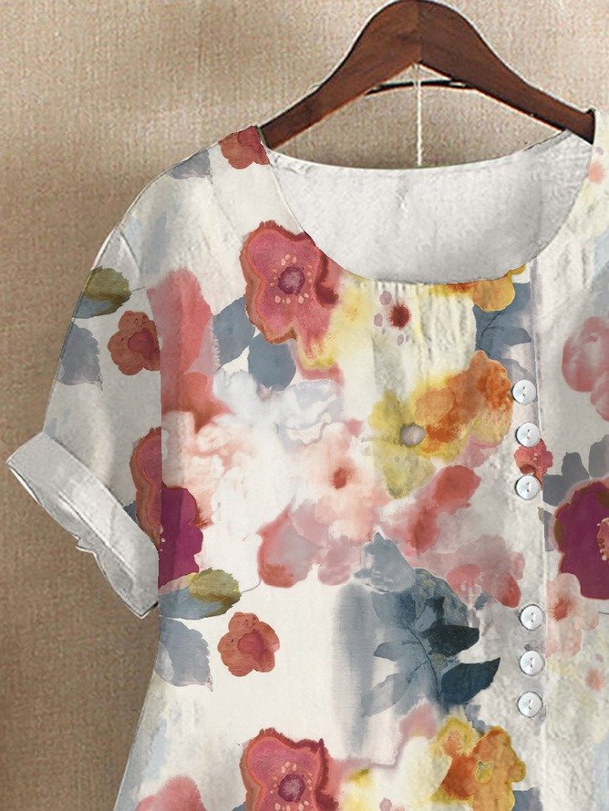 Blouses Femmes Simple Floral Été Polyester Aucune élasticité Demi Manche Col Rond Régulier Régulier