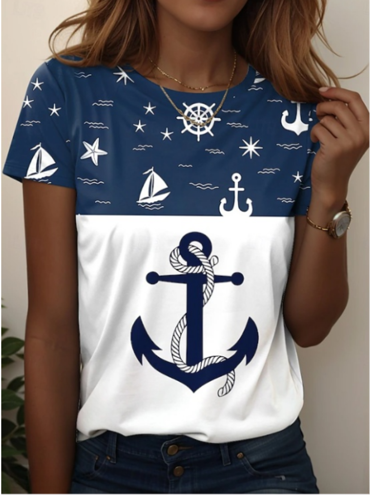 T-shirts Femmes Décontracté Printemps / Automne Mer Coton Quotidien Manches Longues Col Rond Régulier Régulier