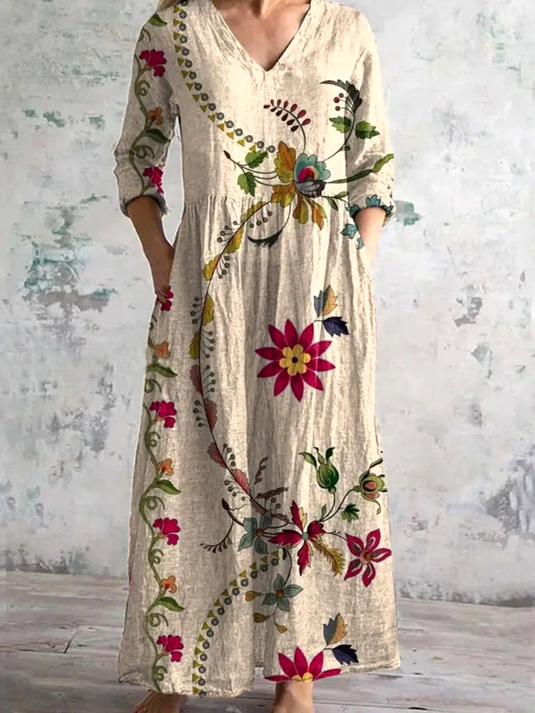 Femmes Floral Abricot Col V Confortable Robe Maxi Décontracté