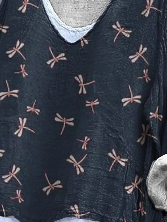 T-shirts en Lin Imprimé d'Animal Printemps / Automne Polyester Col V Micro-élasticité Quotidien Ample Régulier pour Femmes