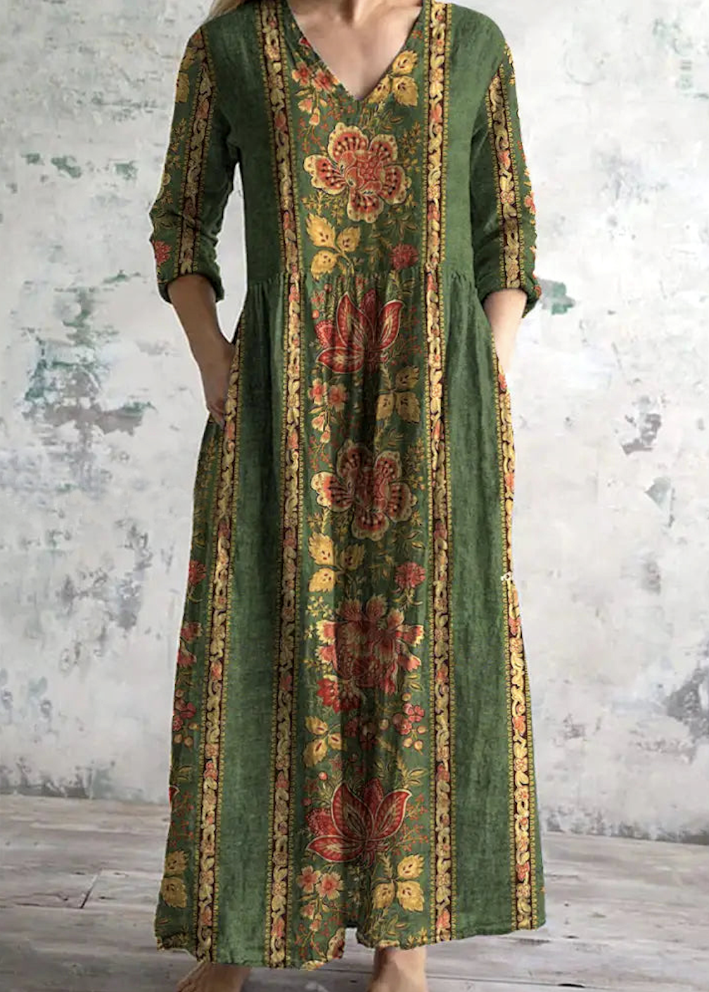 Femmes Floral Vert Col V Confortable Robe Maxi Décontracté