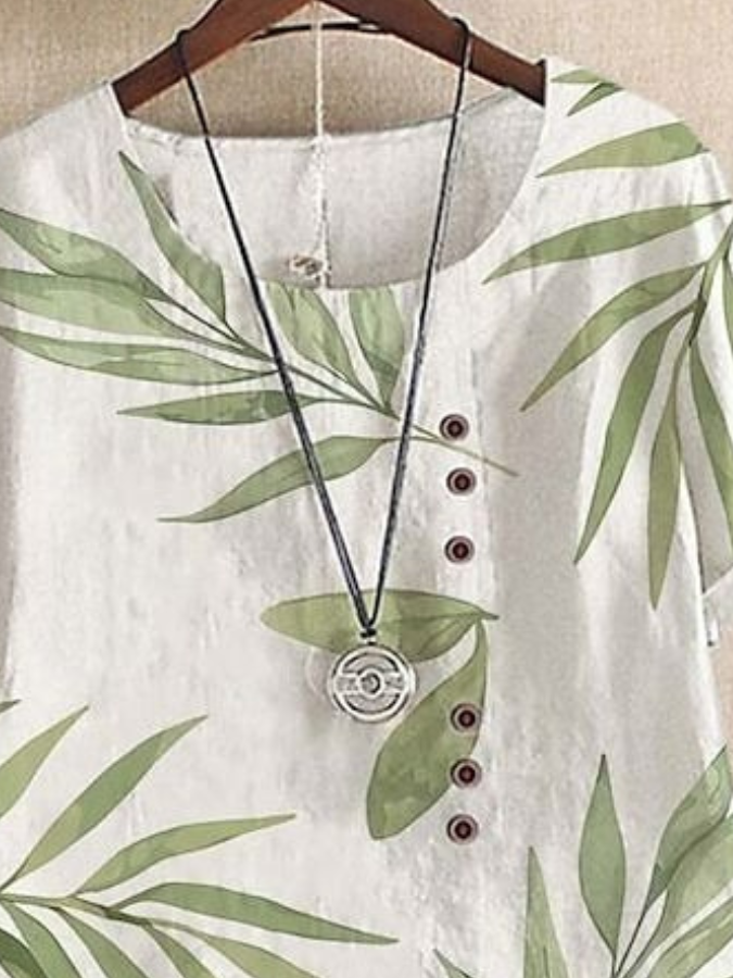 Blouses Femmes Décontracté Été Plantes Aucune élasticité Coupe Régulière Demi Manche Col Rond Droit Régulier