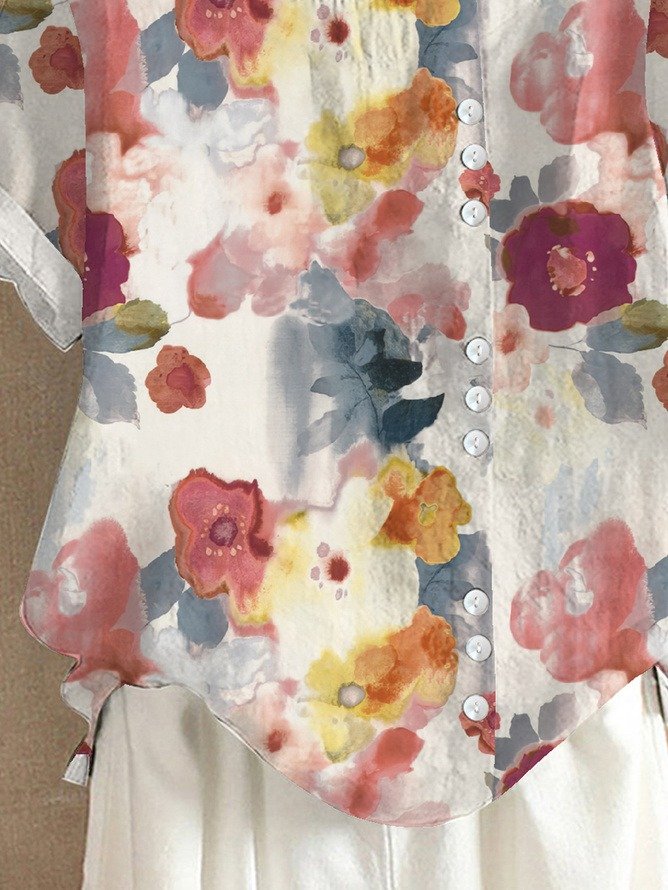 Blouses Femmes Simple Floral Été Polyester Aucune élasticité Demi Manche Col Rond Régulier Régulier