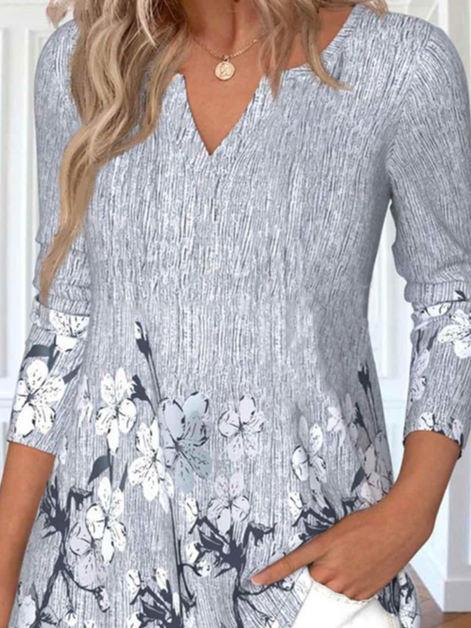 Blouses Femmes Décontracté Floral Printemps / Automne Col V Faire la navette Ample Manches Longues Régulier Élasticité moyenne