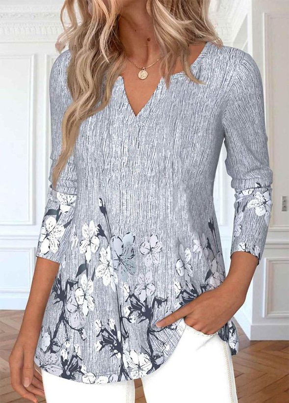 Blouses Femmes Décontracté Floral Printemps / Automne Col V Faire la navette Ample Manches Longues Régulier Élasticité moyenne