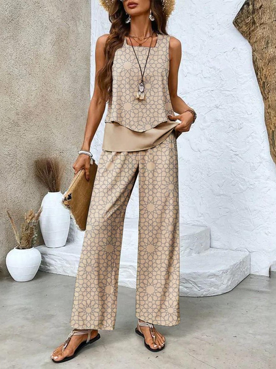 Deux Pièces Ensembles Femmes Décontracté Floral Été Polyester Naturel Coupe Régulière Sans Manches Trapèze Régulier