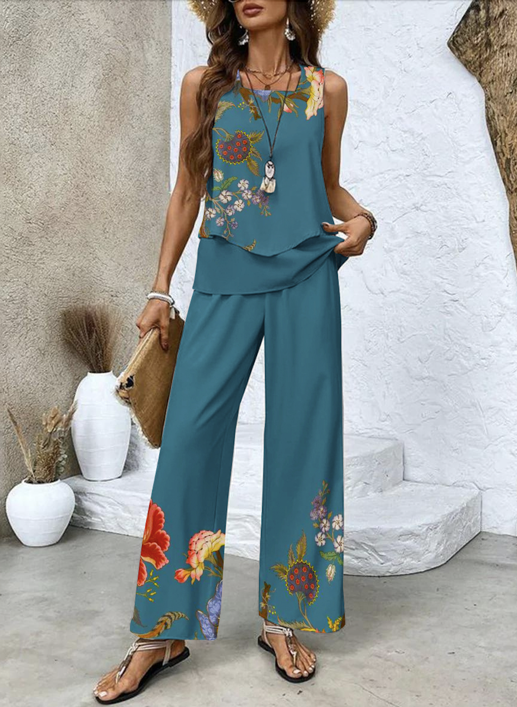 Deux Pièces Ensembles Décontracté Floral Été Polyester Naturel Micro-élasticité Coupe Régulière Trapèze Régulier pour Femmes
