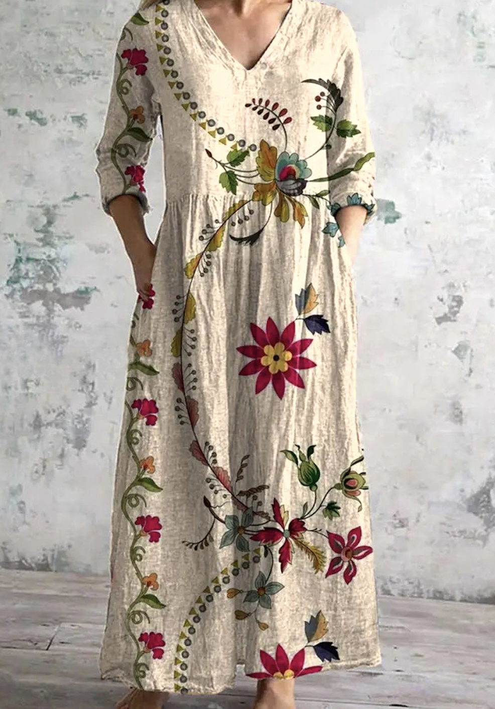 Femmes Floral Abricot Col V Confortable Robe Maxi Décontracté