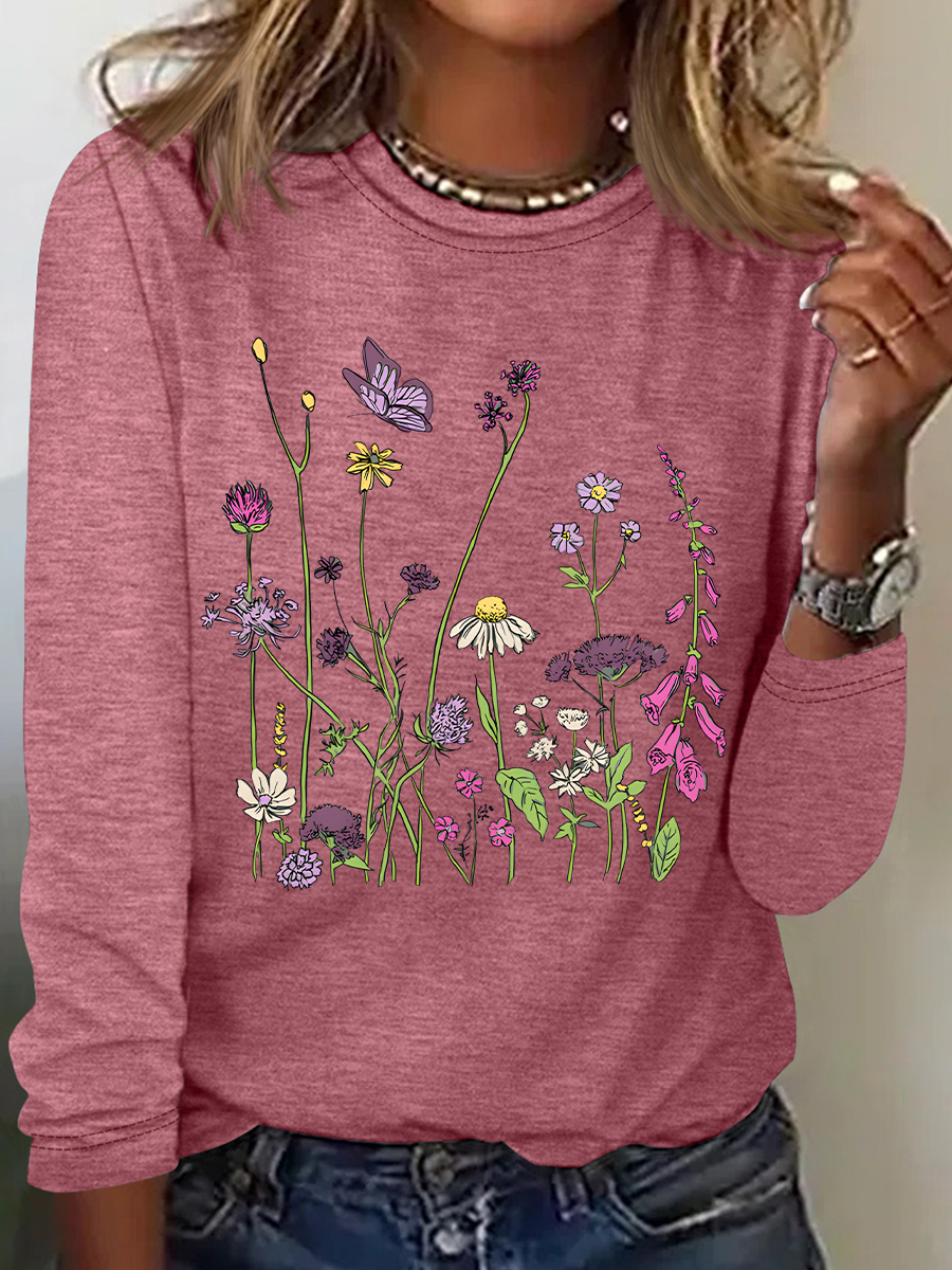 Blouses Décontracté Floral Printemps / Automne Ample Manches Longues Col Rond Régulier Droit Régulier pour Femmes