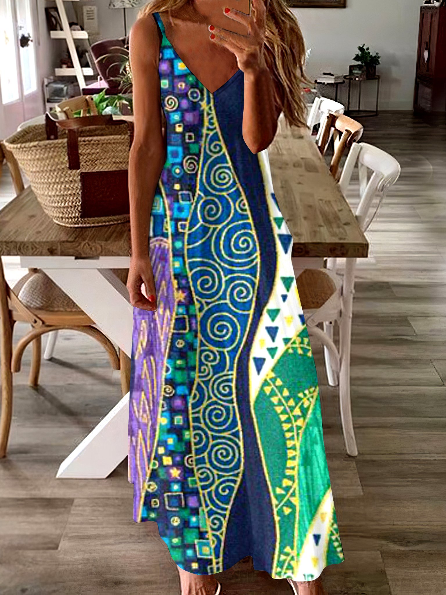 Femmes Géométrique Vert à Bretelles Confortable Robe Maxi Décontracté