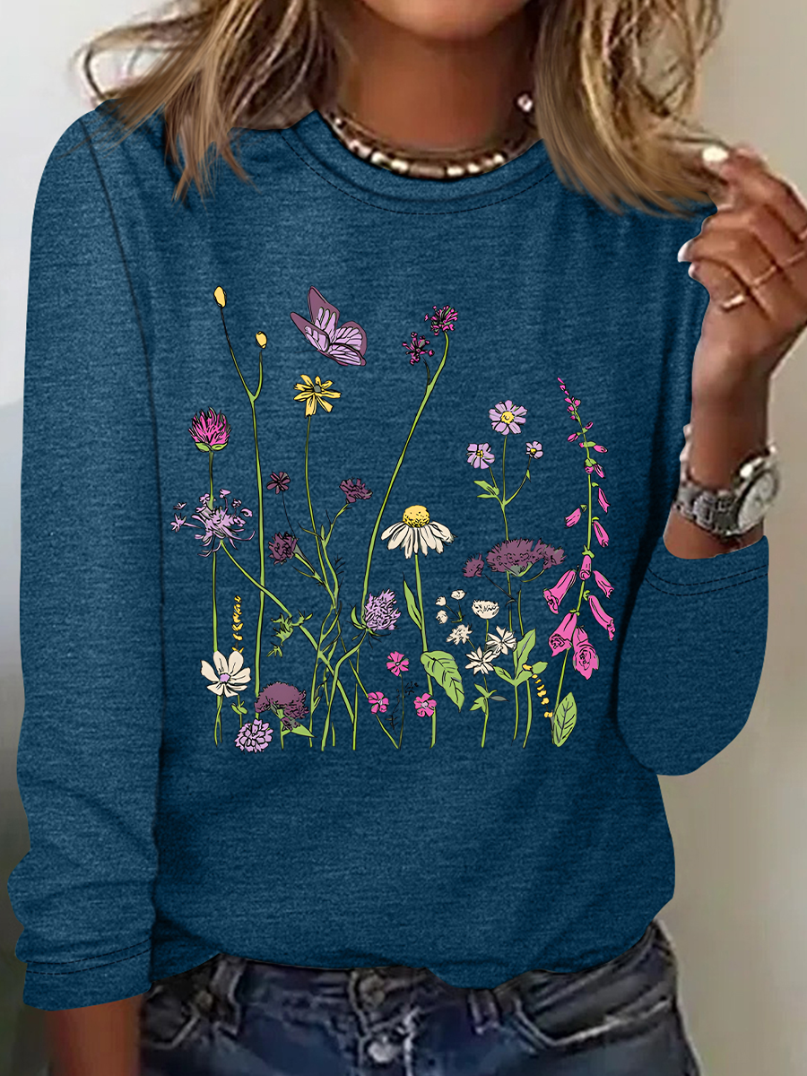 Blouses Décontracté Floral Printemps / Automne Ample Manches Longues Col Rond Régulier Droit Régulier pour Femmes