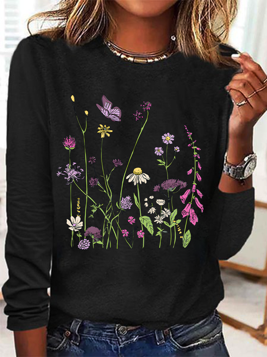 Blouses Décontracté Floral Printemps / Automne Ample Manches Longues Col Rond Régulier Droit Régulier pour Femmes