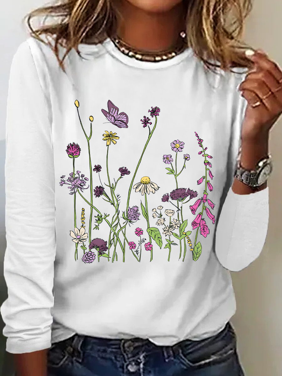 Blouses Décontracté Floral Printemps / Automne Ample Manches Longues Col Rond Régulier Droit Régulier pour Femmes