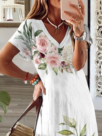 Femmes Floral Blanc Col V Confortable Imprimé Robe Maxi Décontracté