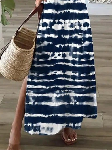 Femmes Abstrait Bleu Violacé Col V Confortable Imprimé Robe Maxi Décontracté