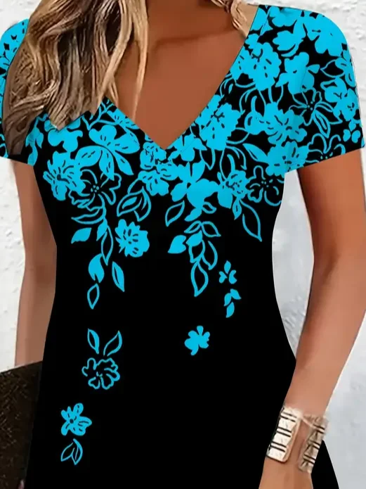 Femmes Floral Noir Col V Confortable Imprimé Robe Mi-Longue Décontracté