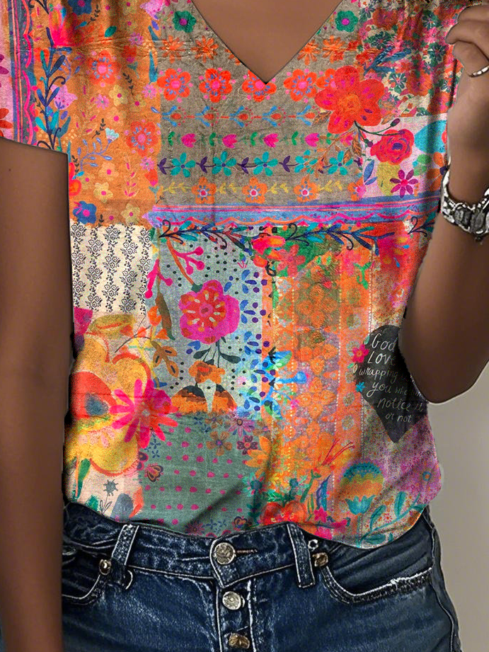 T-shirts Décontracté Été impression en 3D Col V Quotidien Ample Jersey Manches Courtes Régulier pour Femmes