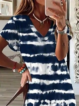 Femmes Abstrait Bleu Violacé Col V Confortable Imprimé Robe Maxi Décontracté