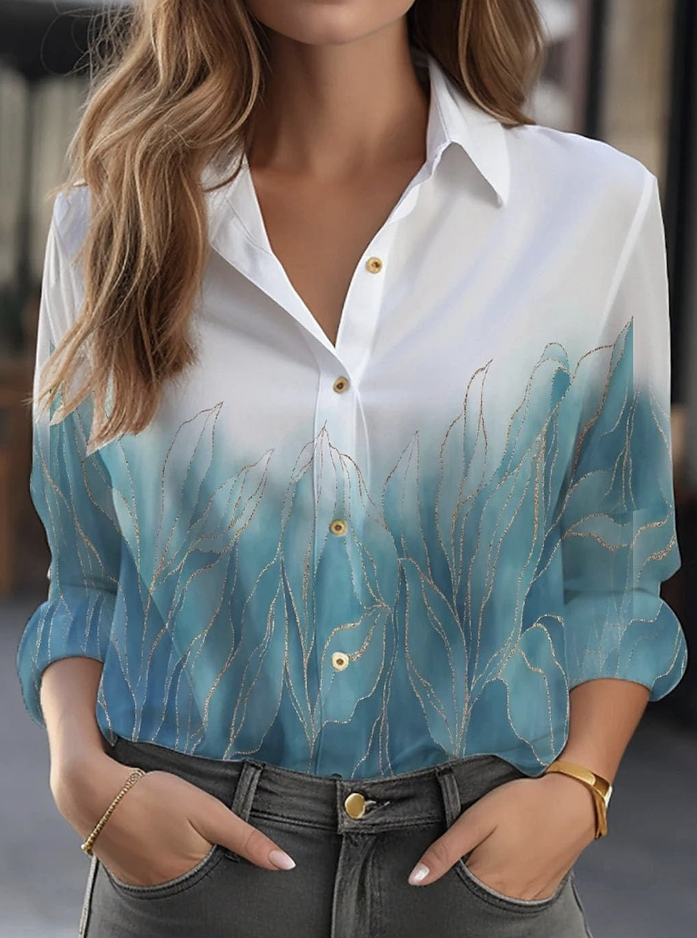 Chemises Décontracté Floral Printemps / Automne Micro-élasticité Manches Longues Régulier Trapèze Régulier Col de Chemise pour Femmes