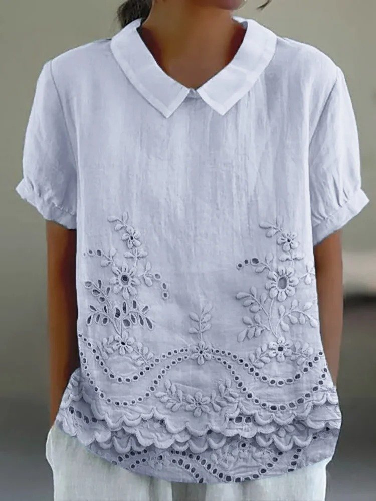 Blouses Femmes Décontracté Plain Été Coton Ample Demi Manche Col Châle Droit Régulier