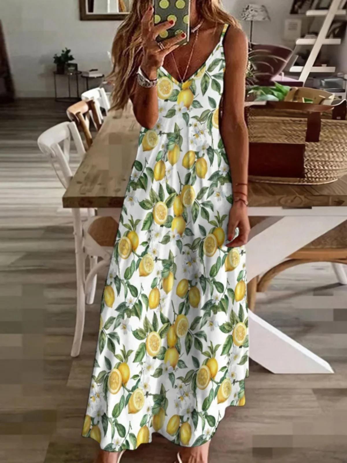 Femmes Fruit Blanc Col V Confortable Robe Maxi Décontracté