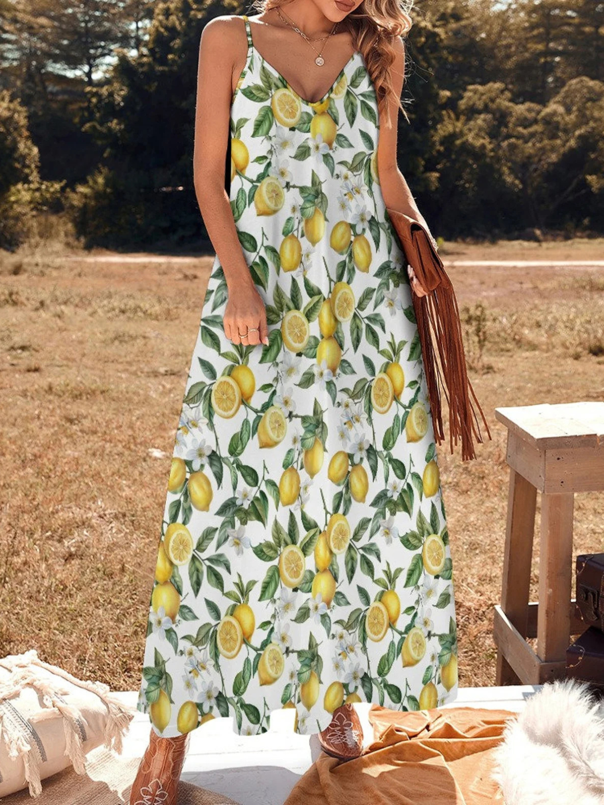 Femmes Fruit Blanc Col V Confortable Robe Maxi Décontracté