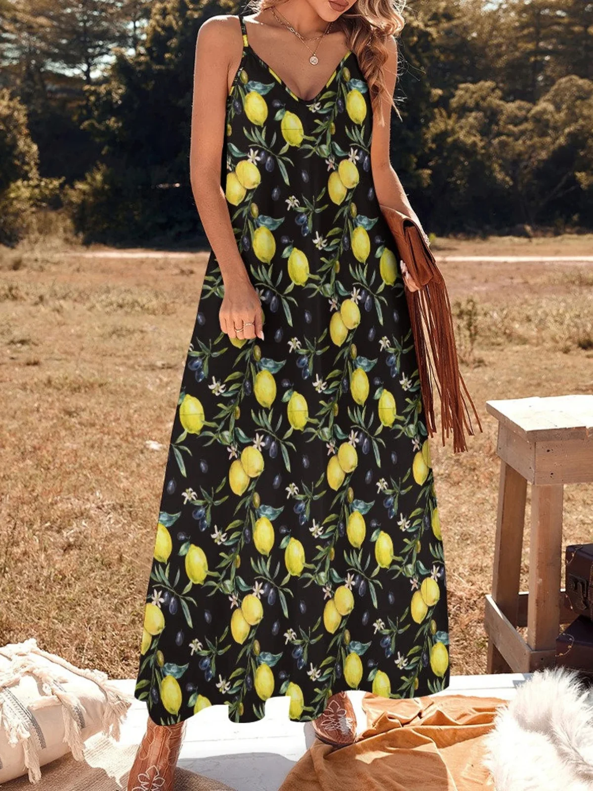 Femmes Fruit Blanc Col V Confortable Robe Maxi Décontracté